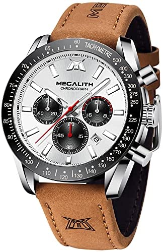 MEGALITH Mens Watch Waterproof Quartz Chronograph Watches for Men Men's Analog Stylish Sport Casual Classic Wrist Watch with Brown Leather Band Unique Gifts for Men