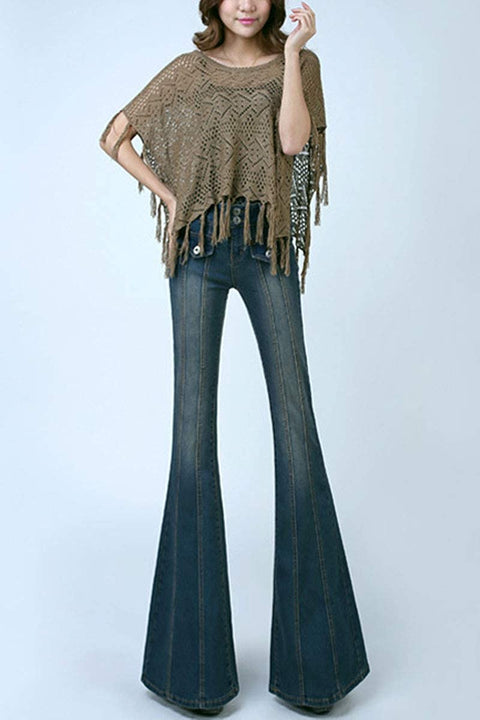 Women's Two Button Closure Mid Rise Stretchy Wide Bell Bottom Casual Long Denim Pant