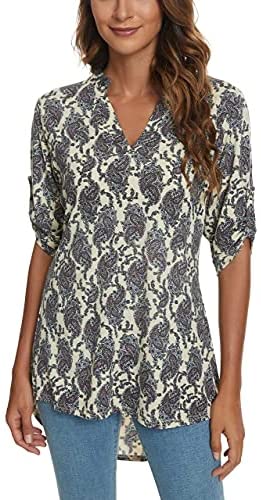 Women's 3/4 Roll Sleeve Tunic Shirts Floral Printed Hi-Low Hem V Neck Blouse Shirts