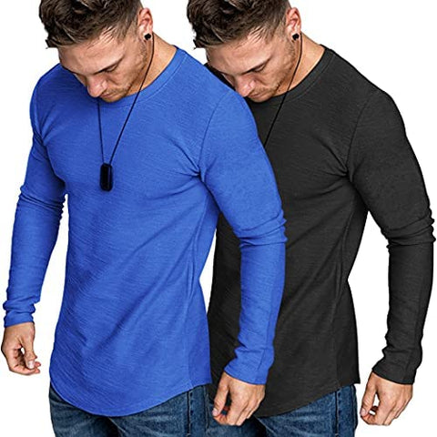 Men 2 Pack Muscle Fitted T Shirt Gym Workout Athletic Long Sleeves Tee