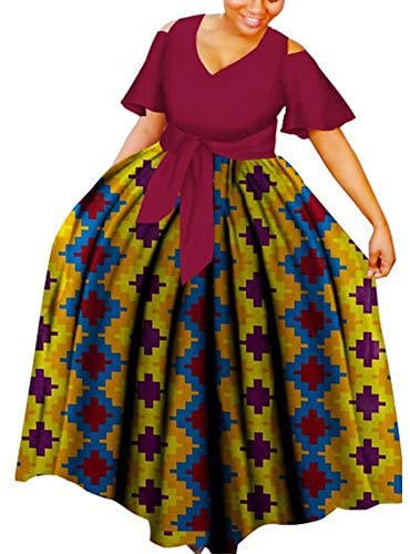 XIAOHUAGUA Women's Elegant Short Sleeve Maxi Dress African Dashiki Casual Tie Waist Daily Dresses