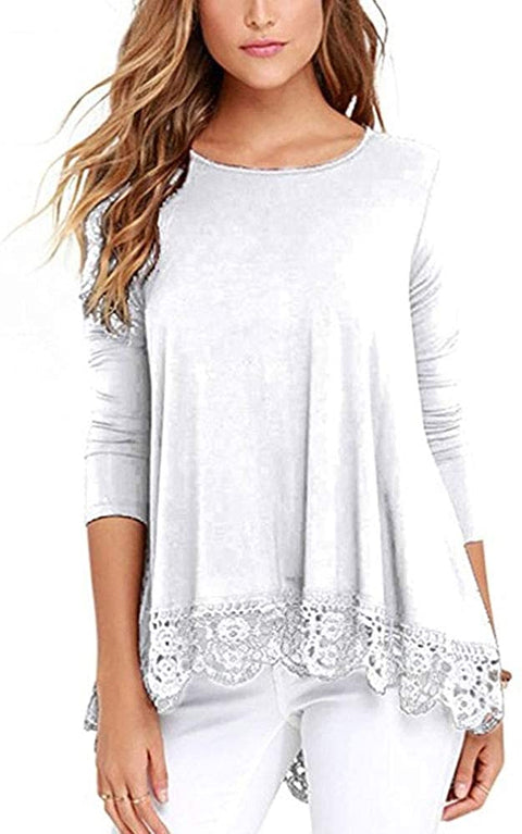 Women's O Neck Long Short Sleeve Solid Blouses Lace Trim A Line Shirts