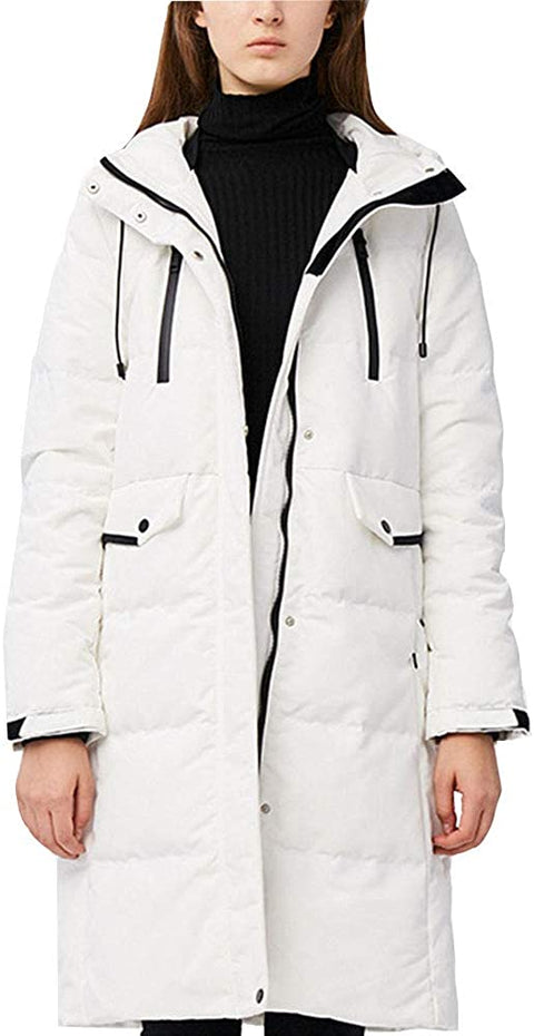 Women's Solid Mid-Length Down Jackets Plain Buckle Zipper Pocket Coat