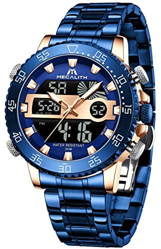 MEGALITH Men Watch Waterproof Stainless Steel Led Analog Digital Watches for Men Male Day Date Stopwatch Heavy Metal Alarm Sport Watch Gent Outdoor Military Luminous Big Wrist Watches with Backlight