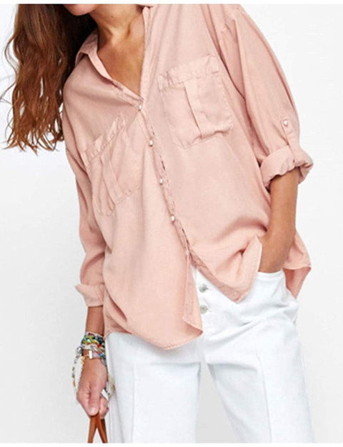Women's Classic Button Down Blouse Shirt Casual Long Sleeve Solid Color T-Shirt