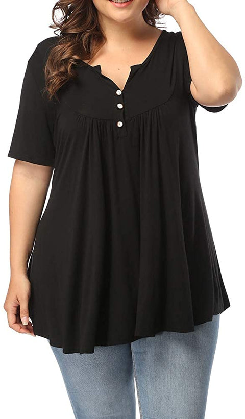 Women's Plus Size Henley V Neck Button Up Tunic Tops Casual Short Sleeve Ruffle Blouse Shirts