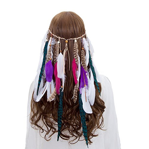 AWAYTR Boho Fancy Feather Headband - Women Hippie Hairband Festival Headwear Hair Hoop