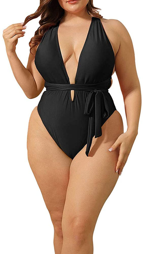 Women Plus Size Swimsuits One Piece Sexy Deep V Self Tie Halter Monokinis