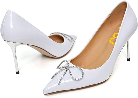 FSJ Women Fashion Pointed Toe Studded Classic Stiletto High Heel Dress Slip on Pumps Cute Buckle Wedding Party Shoes with Rhinestone Size 4-15 US