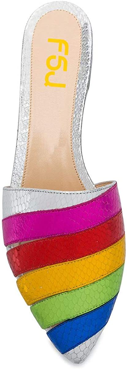 FSJ Women Fashion Pointed Toe Rainbow Mules Colorful Snake Print Flat Shoes Spring Summer Flats