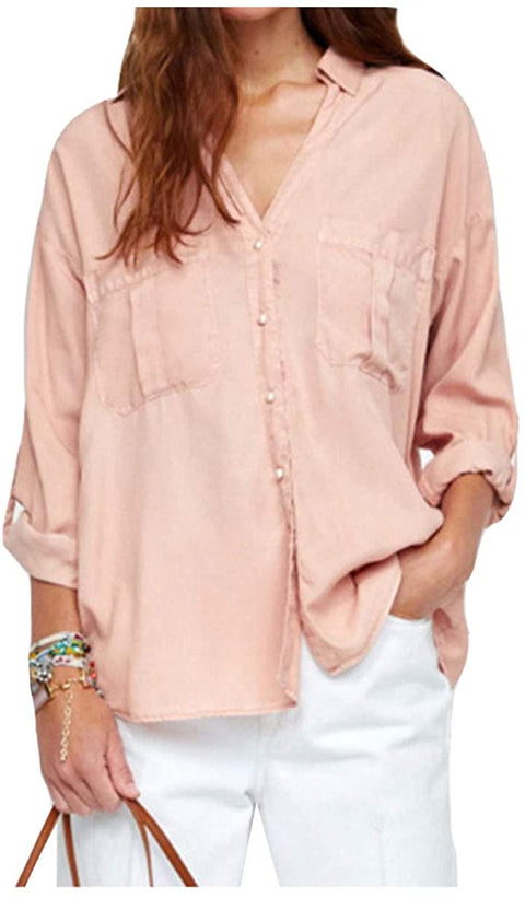 Women's Classic Button Down Blouse Shirt Casual Long Sleeve Solid Color T-Shirt