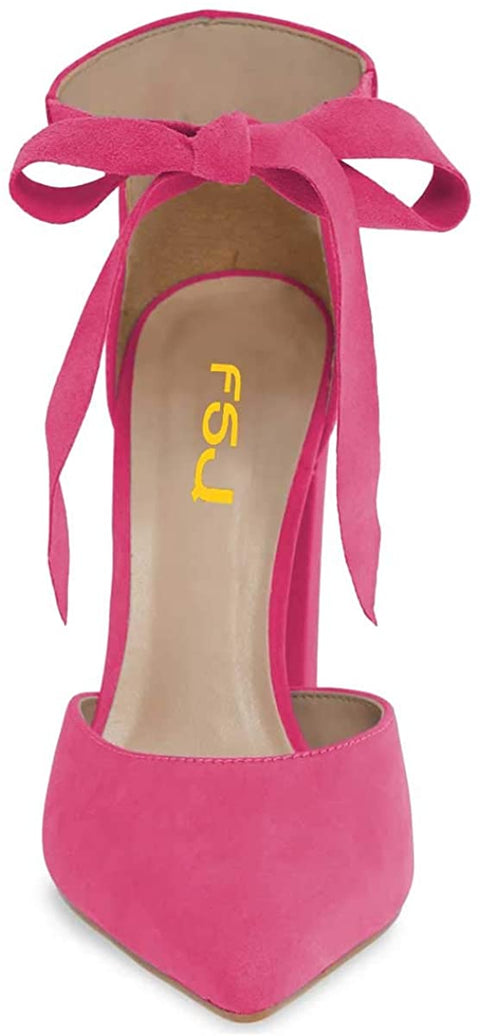 FSJ Women Faux Suede Chunky Block Heel Pump D'Orsay Pointed Toe Ankle Strap Lace Up Sandals Size 4-15 US
