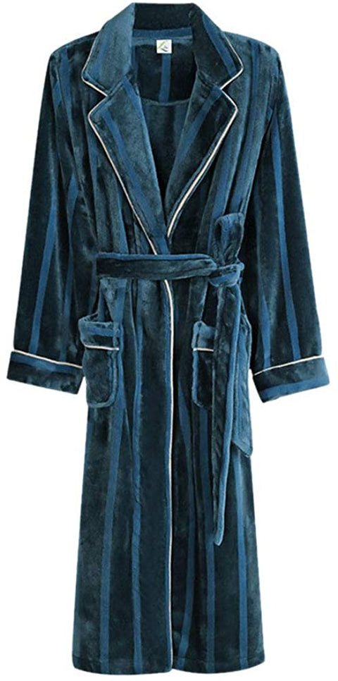 Women's Flannel Fleece Soft Warm Bathrobe Fashion Winter Striped Long Plush Robe