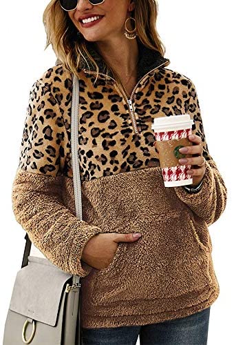 Women's Leopard Print Long Sleeve Pocket Sweatshirt Fuzzy Sweatshirt