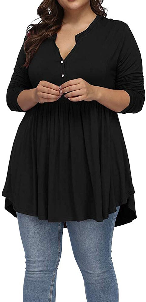 Women's Plus Size Henley V Neck Button Tunic Tops Long sleeve Swing Flowy Shirts