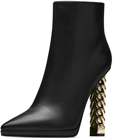 FSJ Women Fashion Gold Metal Chain Chunky High Heel Ankle Boots Pointed Toe Winter Booties Side Zipper Comfy Dress Short Boots 4-15 M US