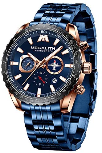 MEGALITH Mens Watches Chronograph Waterproof Watch Stainless Steel Watch Men Sports Military Watch Analog Quartz Date Calendar Luminous Watches for Man Business Gents Multifunctional Wrist Watch