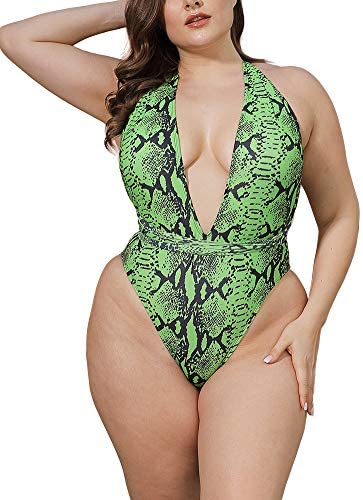 Women Plus Size Swimsuits One Piece Sexy Deep V Self Tie Halter Monokinis