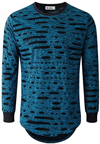 KLIEGOU Mens Hipster Hip Hop Ripped Round Hemline Hole T Shirt (05-3)