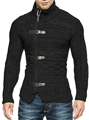 Karlywindow Mens Cable Knitted Cardigan Sweater Turtleneck Long Sleeve Slim Fit Winter Zipper Front Casual Pullover Sweaters