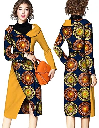 African Dashiki Print Dresses for Women Turn-Down Collar Mix Match Mid Calf Full Sleeve Party Dress