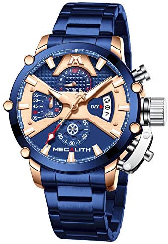 MEGALITH Men's Watch 45mm Stainless Steel Chronograph Waterproof Fashion Watch Analog Quartz Date Heavy Duty Watches for Men Metal Luminous Multifunctional Cool Designer Gents Wrist Watches