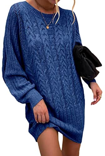 Women's Fashion Bat Long Sleeves Sweater Dress Hollow Cable Knitted Loose Pullover Autumn Dresses