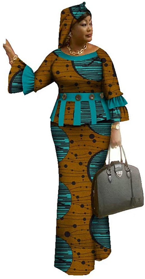 Dresses for Women Autumn 2 Pieces Maxi with Headwrap African Dashiki Print Crop Top Skirt Set