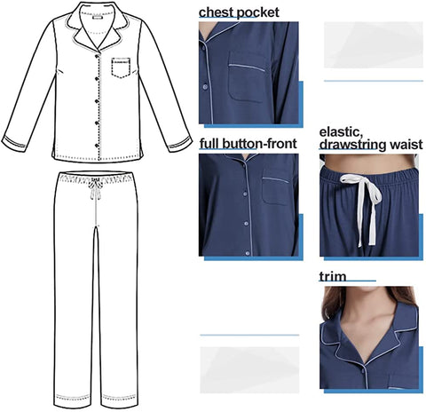 Women Pajamas Set Bamboo Viscose Soft Breathable Nightgown with Long Sleeve