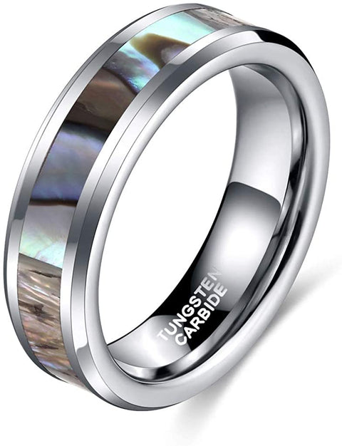 6mm 8mm Tungsten Ring Abalone Inlay Natural Silver Wedding Band for Men Women Comfort Fit Size 4-15
