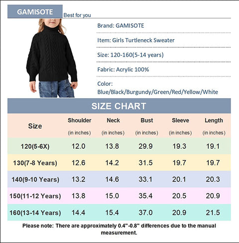 Girls Sweater Turtle Neck Puff Sleeve Chunky Cable Knit Kids Pullover Jumper Top
