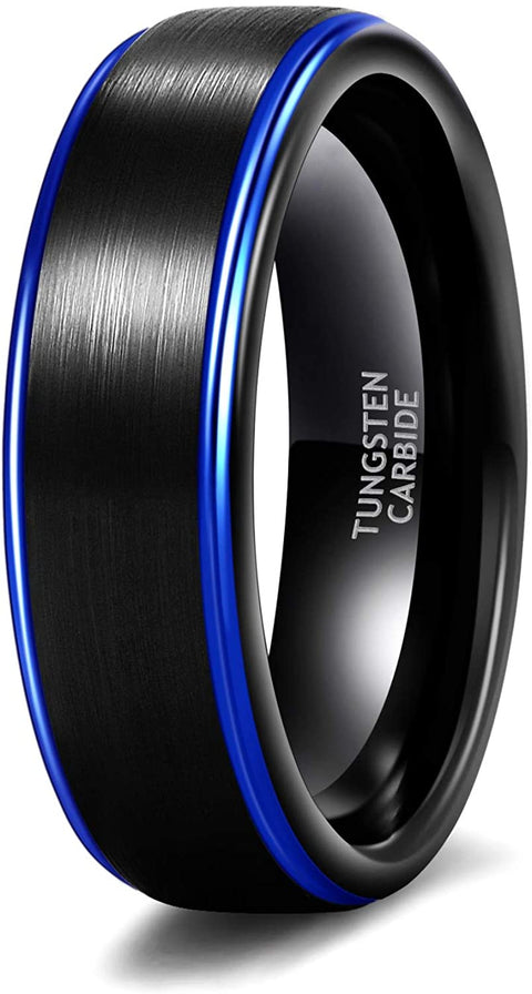 TRUMIUM 6mm 8mm Tungsten Wedding Ring Band for Men Women Black Blue Two Tone Brush Finish Scratch Resistant Size 6-13