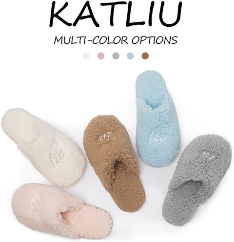 Katliu Women's Plush Slipper with Memory Foam Lightweight Indoor House Slippers Cozy Fluff Bedroom Slippers Spa Slippers Closed Toe