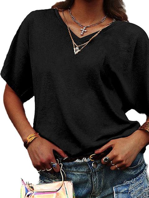 Womens V Neck Tops Short Sleeve Shirts Casual Loose Bat Sleeve T-Shirts Solid Basic Tunic Tops