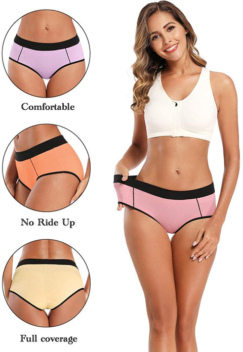 POKARLA Women's Cotton Stretch Underwear Ladies Mid-high Waisted Briefs Panties 5-Pack