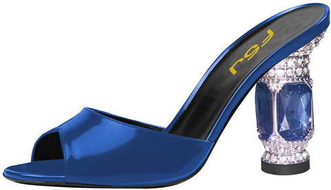 FSJ Women Crystal Mid Heels Clogs Mules Slip On Peep Toe Sandals Casual Slide Summer Slipper Shoes Size 4-15 US