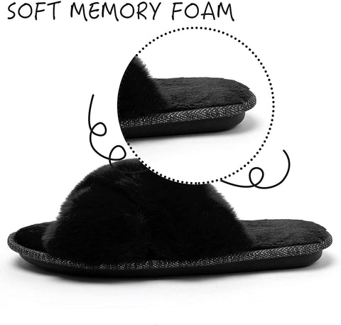 Women's Cross Band Furry Slippers Cozy Plush House Slippers Open Toe Soft Fuzzy Slippers Slip on Comfy Indoor Slippers