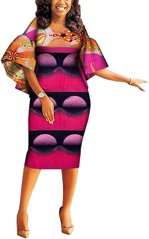 Women African Dashiki Dresses Traditional Print Patchwork Knee Length Dress for Lady