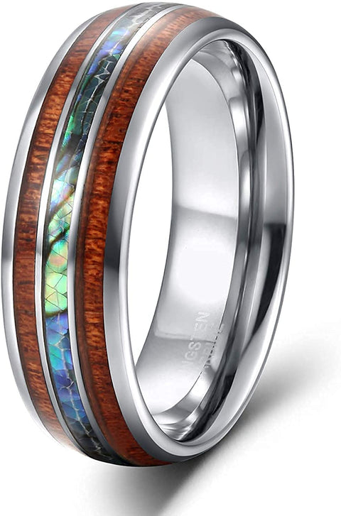 TRUMIUM 8mm Hawaiian Koa Wood and Abalone Shell Tungsten Carbide Rings Wedding Bands for Men Comfort Fit Size 6-13