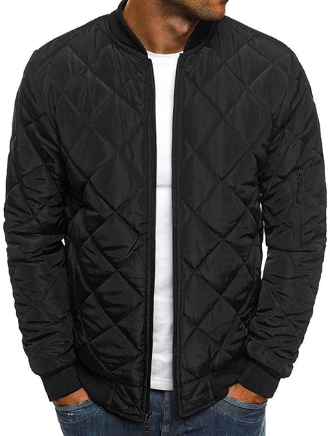 Mens Quilted Bomber Jackets Rib Diamond Lightweight Varsity Jackets Winter Chunky Flight Padded Coat Outwear