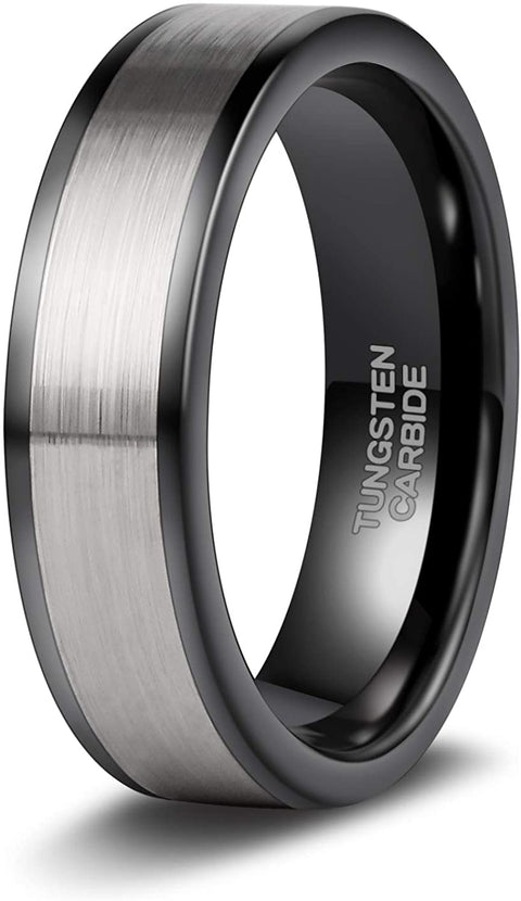 TRUMIUM 6mm Tungsten Wedding Band Matte Brushed Black/Silver Flat Classic Engagement Ring for Men Women Comfort Fit Size 4-15