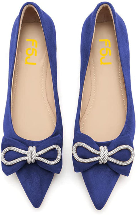 FSJ Women Fashion Sparkling Crystal Bowknot Chic Chain Comfortable Slip on Pointed Toe Low Heels Chunky Ballet Flats Dress Party Office Shoes Size 4-15 US