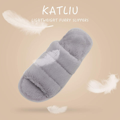 katliu Women's Fluff Slippers with Elastic Strap Fuzzy House Indoor Slippers Cozy Bedroom Slide Slippers New Grey 270