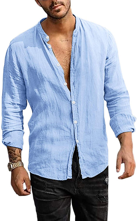 Men's Linen Button Down Shirt Long Sleeve Casual Loose Hippie Beach Yoga T-Shirts Tops