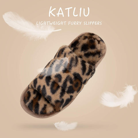 katliu Women's Fluff Slippers with Elastic Strap Fuzzy House Indoor Slippers Cozy Bedroom Slide Slippers New Leopard 270