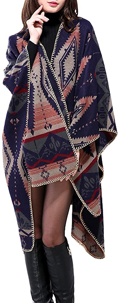 Women's Color Block Shawl Wrap Open Front Poncho Cape