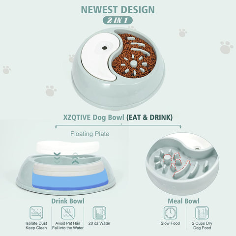 Slow Feeder Dog Bowls, XZQTIVE Newest 2 in 1 Double Dog Bowl for Food and Water, Interactive Bloat Stop Pet Bowl Anti-Gulping Slow Eating Non Slip Non-Toxic Healthy Design