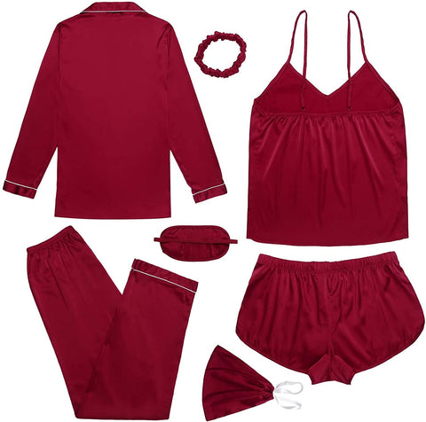 Silk Pajamas Gift Set Women 7pcs Satin Sleepwear Sexy Camisole Shorts Lingerie/Button Down Long Sleeve Pjs