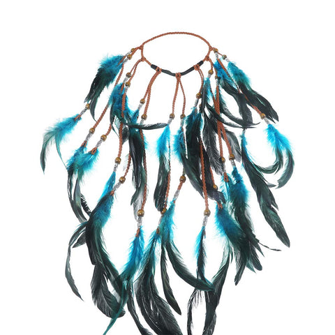 Boho Headdress Feather Headband Accessories - AWAYTR Feather Elastic Gypsy Festival Headband Indian Fancy Headpieces 1970s (Blue)