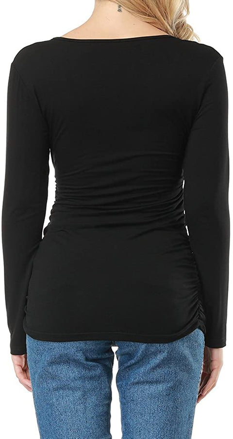 Women Open V Front Wrap Pleated Slim Top Tee Long Sleeve Ruched T Shirt